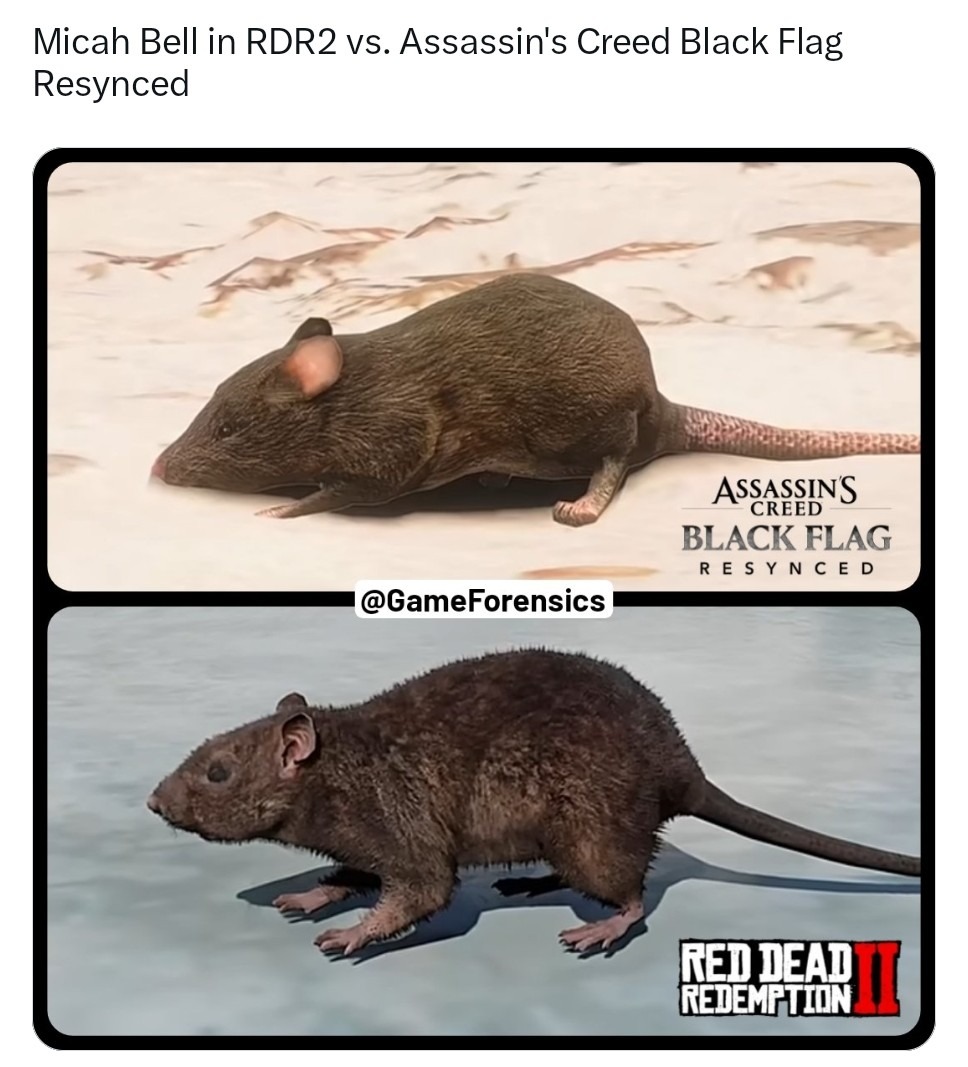 Micah Bell in RDR2 vs. Assassin's Creed Black Flag Resynced. The image displays two rats, one associated with Assassin's Creed Black Flag Resynced and the other with Red Dead Redemption II. This meme compares the character Micah Bell from RDR2 to a rat.