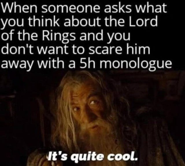 When someone asks what you think about the Lord of the Rings and you don't want to scare him away with a 5h monologue It's quite cool.