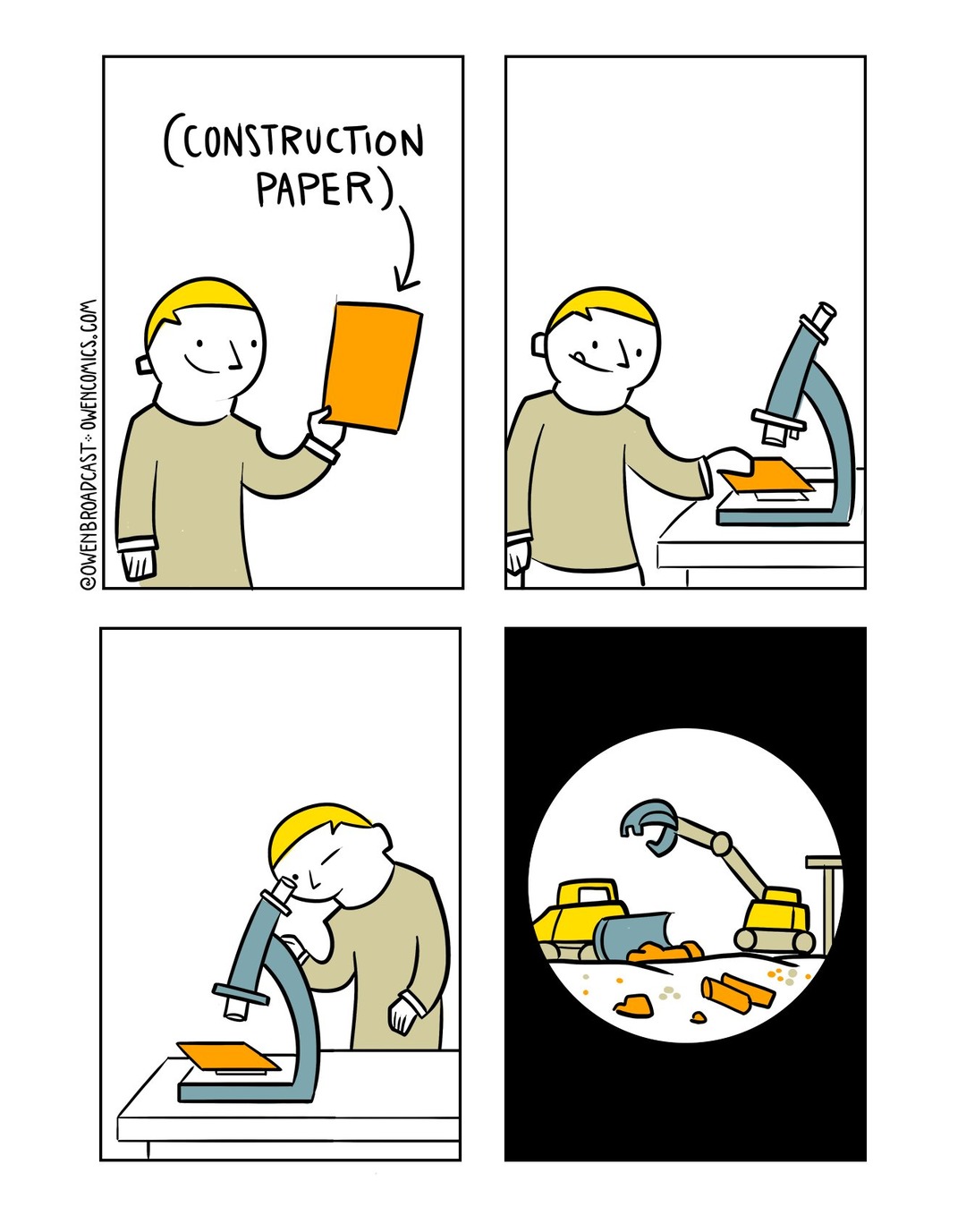 A person holds a piece of orange paper labeled 'construction paper'. They then place it under a microscope and look through it. The view through the microscope shows heavy construction machinery like an excavator and a bulldozer breaking up and moving pieces of orange material, implying a literal interpretation of 'construction paper' at a microsco