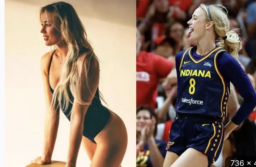 A split image showing a woman. On the left, she is posing in a black swimsuit, showing her figure. On the right, she is in an Indiana basketball jersey with number 8, sticking her tongue out, on a court. Text on jersey: INDIANA, 8, salesforce, Lilly.
