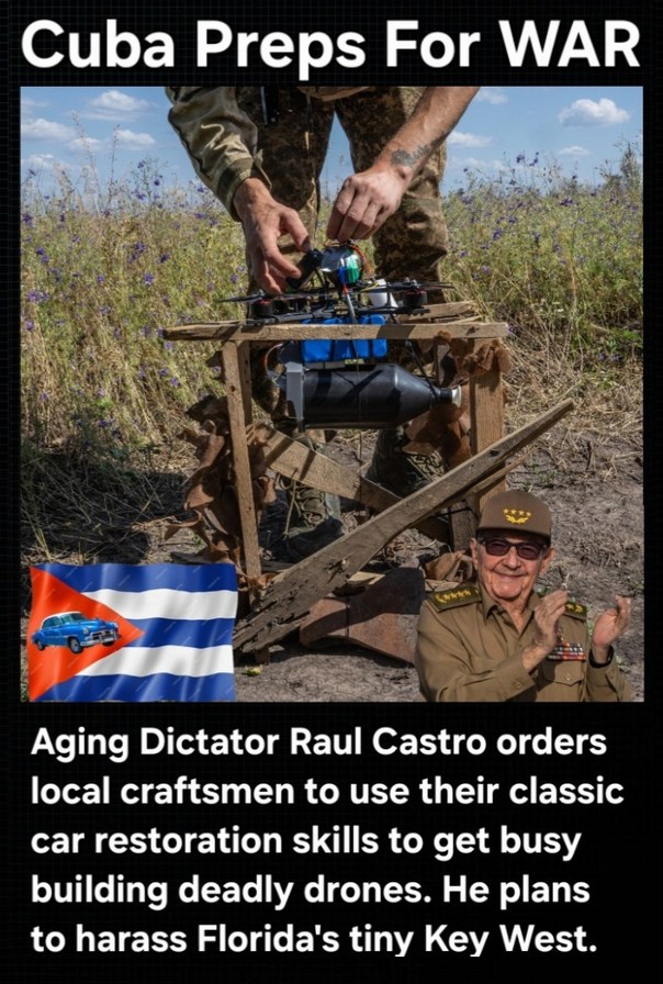 Cuba Preps For WAR. Aging Dictator Raul Castro orders local craftsmen to use their classic car restoration skills to get busy building deadly drones. He plans to harass Florida's tiny Key West.
