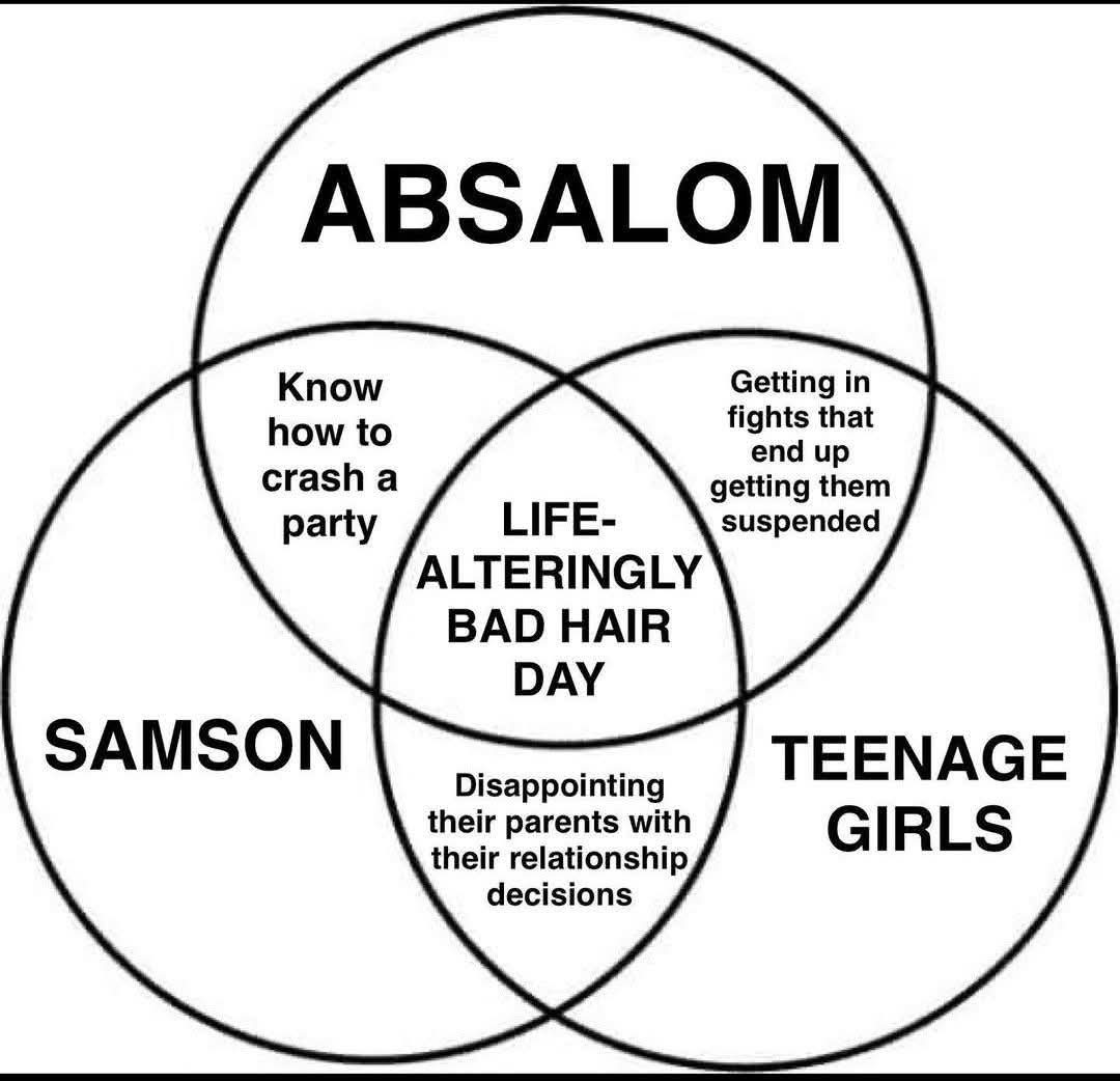 ABSALOM, SAMSON, TEENAGE GIRLS. Know how to crash a party. Getting in fights that end up getting them suspended. Disappointing their parents with their relationship decisions. LIFE-ALTERINGLY BAD HAIR DAY.