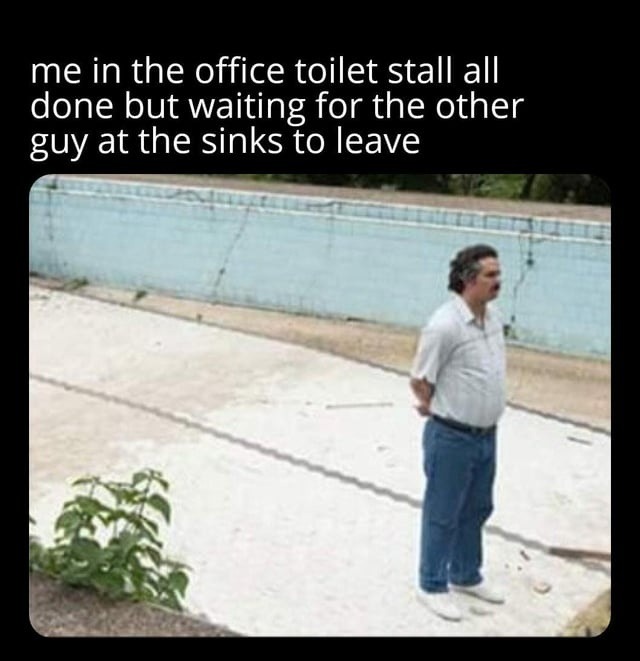 me in the office toilet stall all done but waiting for the other guy at the sinks to leave
