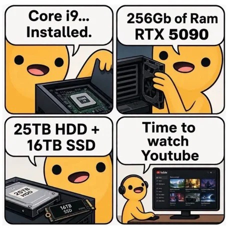 Core i9... Installed. 256Gb of Ram RTX 5090. 25TB HDD + 16TB SSD. Time to watch Youtube.