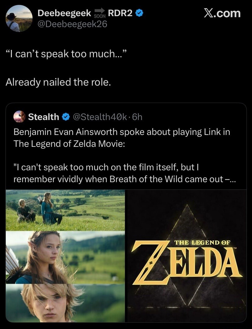 I can't speak too much... Already nailed the role. Benjamin Evan Ainsworth spoke about playing Link in The Legend of Zelda Movie: I can't speak too much on the film itself, but I remember vividly when Breath of the Wild came out -... THE LEGEND OF ZELDA