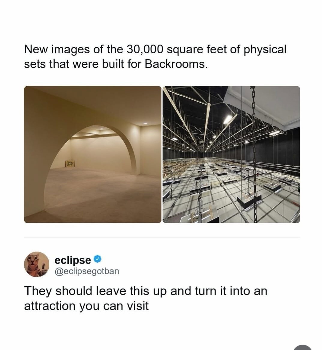New images of the 30,000 square feet of physical sets that were built for Backrooms. eclipse @eclipsegoban They should leave this up and turn it into an attraction you can visit