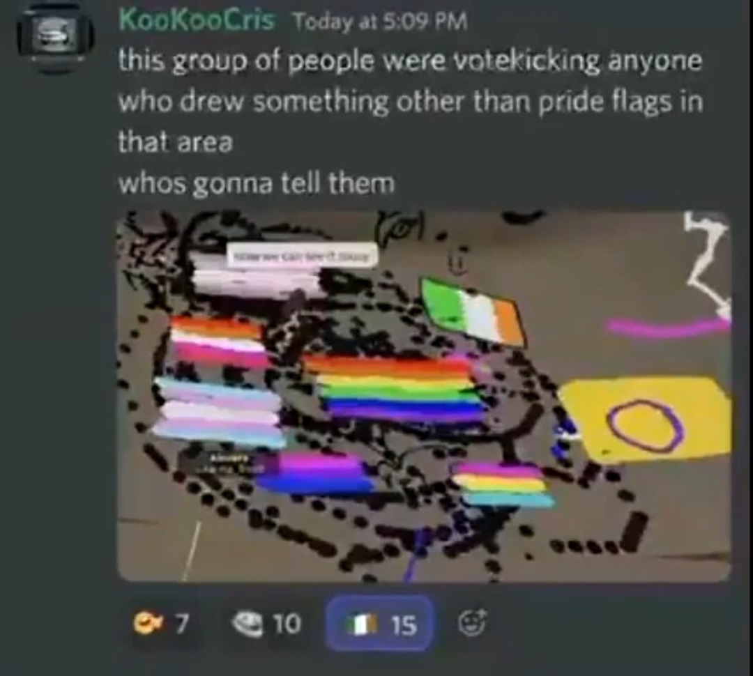 this group of people were votekicking anyone who drew something other than pride flags in that area whos gonna tell them now we can see it clearly