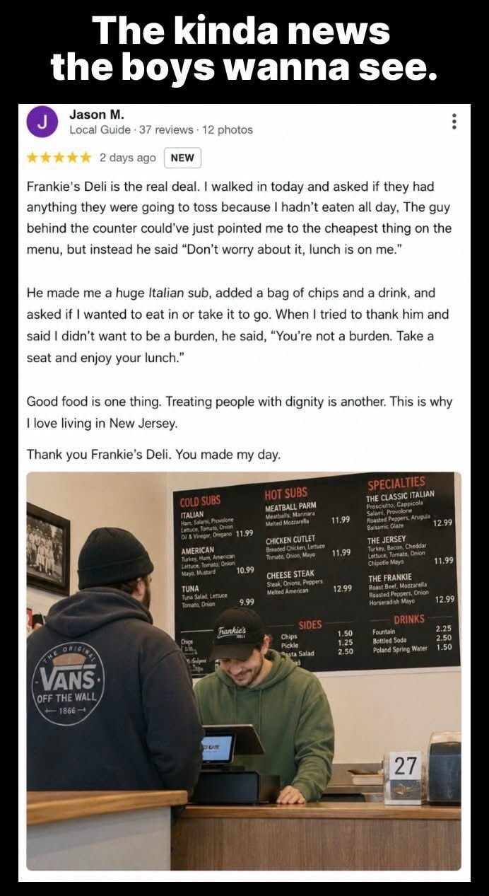 The kinda news the boys wanna see. Jason M. Local Guide 37 reviews 12 photos 2 days ago NEW Frankie's Deli is the real deal. I walked in today and asked if they had anything they were going to toss because I hadn't eaten all day. The guy behind the counter could've just pointed me to the cheapest thing on the menu, but instead he said 