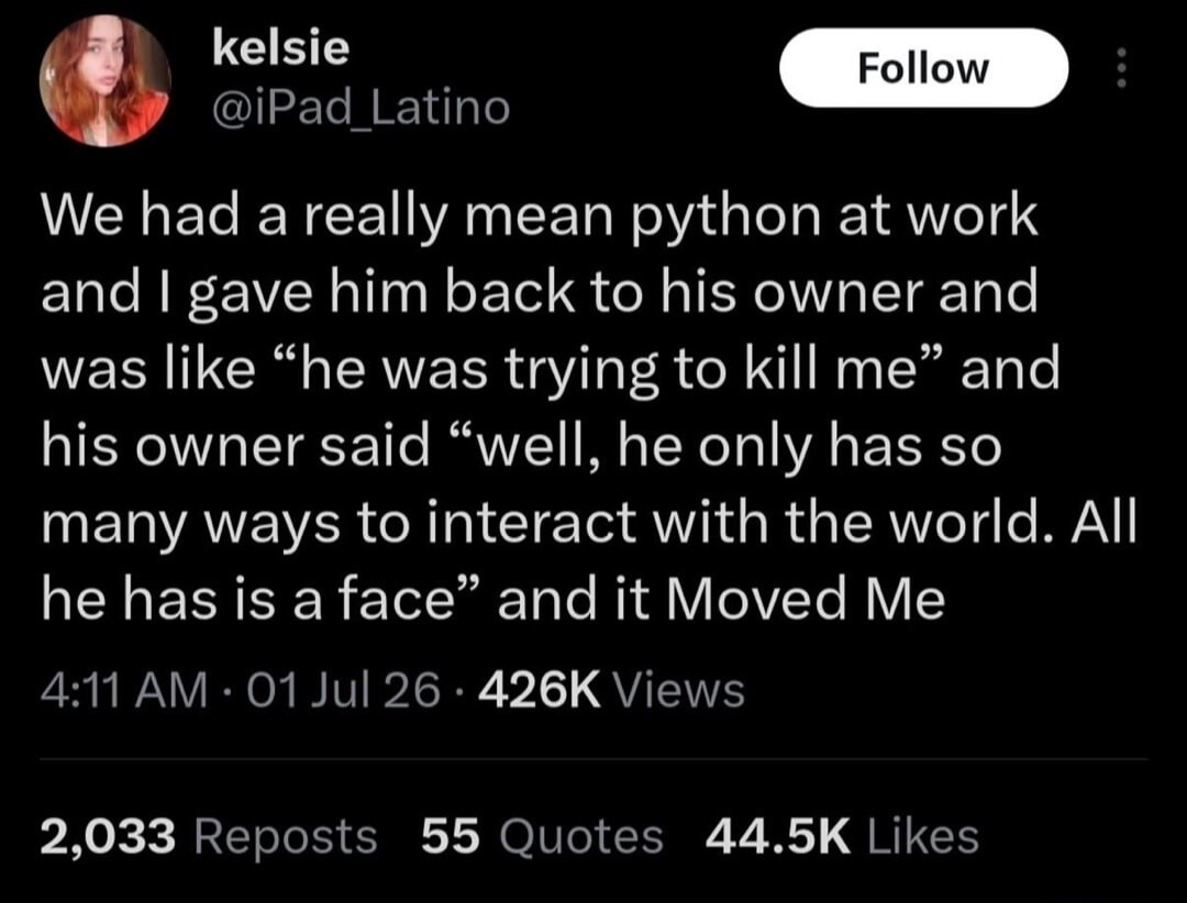 kelsie @iPad_Latino Follow We had a really mean python at work and I gave him back to his owner and I was like “he was trying to kill me” and his owner said “well, he only has so many ways to interact with the world. All he has is a face” and it Moved Me 4:11 AM · 01 Jul 26 · 426K Views 2,033 Reposts 55 Quotes 44.5K Likes