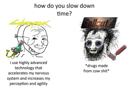 how do you slow down time? I use highly advanced technology that accelerates my nervous system and increases my perception and agility. *drugs made from cow shit*