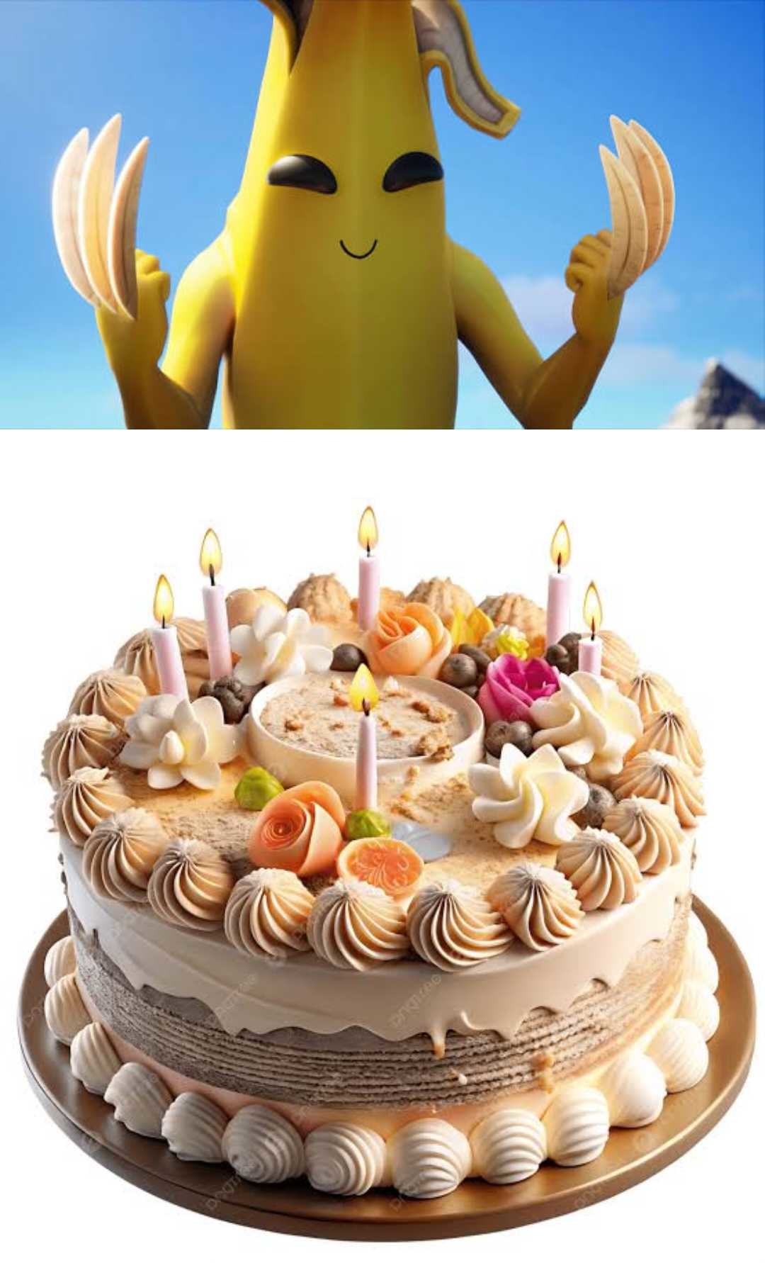 A cartoon banana character, resembling Peely from Fortnite, is shown against a blue sky background, holding banana peel claws. Below it, a decorated birthday cake with lit candles and various frosting designs is visible.