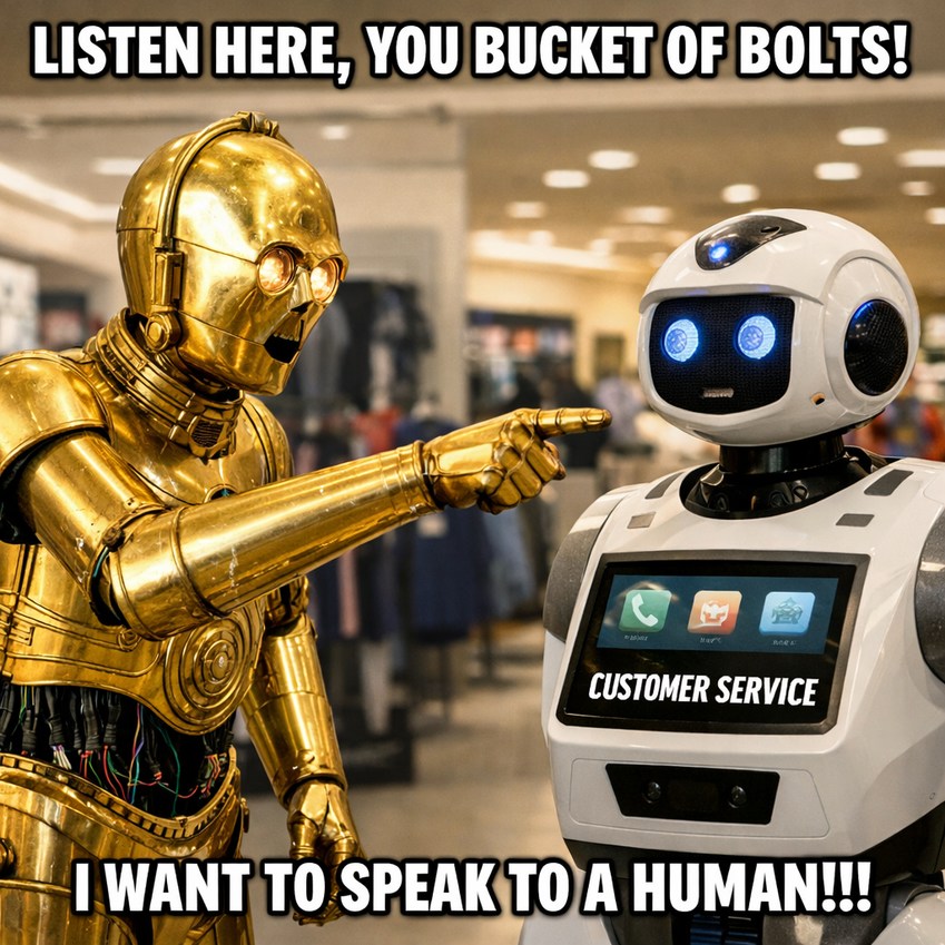 LISTEN HERE, YOU BUCKET OF BOLTS! CUSTOMER SERVICE I WANT TO SPEAK TO A HUMAN!!!