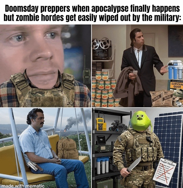 Doomsday preppers when apocalypse finally happens but zombie hordes get easily wiped out by the military: Survival Guide MRE Prepper Checklist