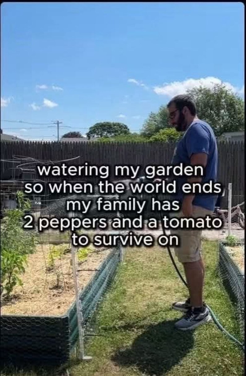 watering my garden so when the world ends my family has 2 peppers and a tomato to survive on