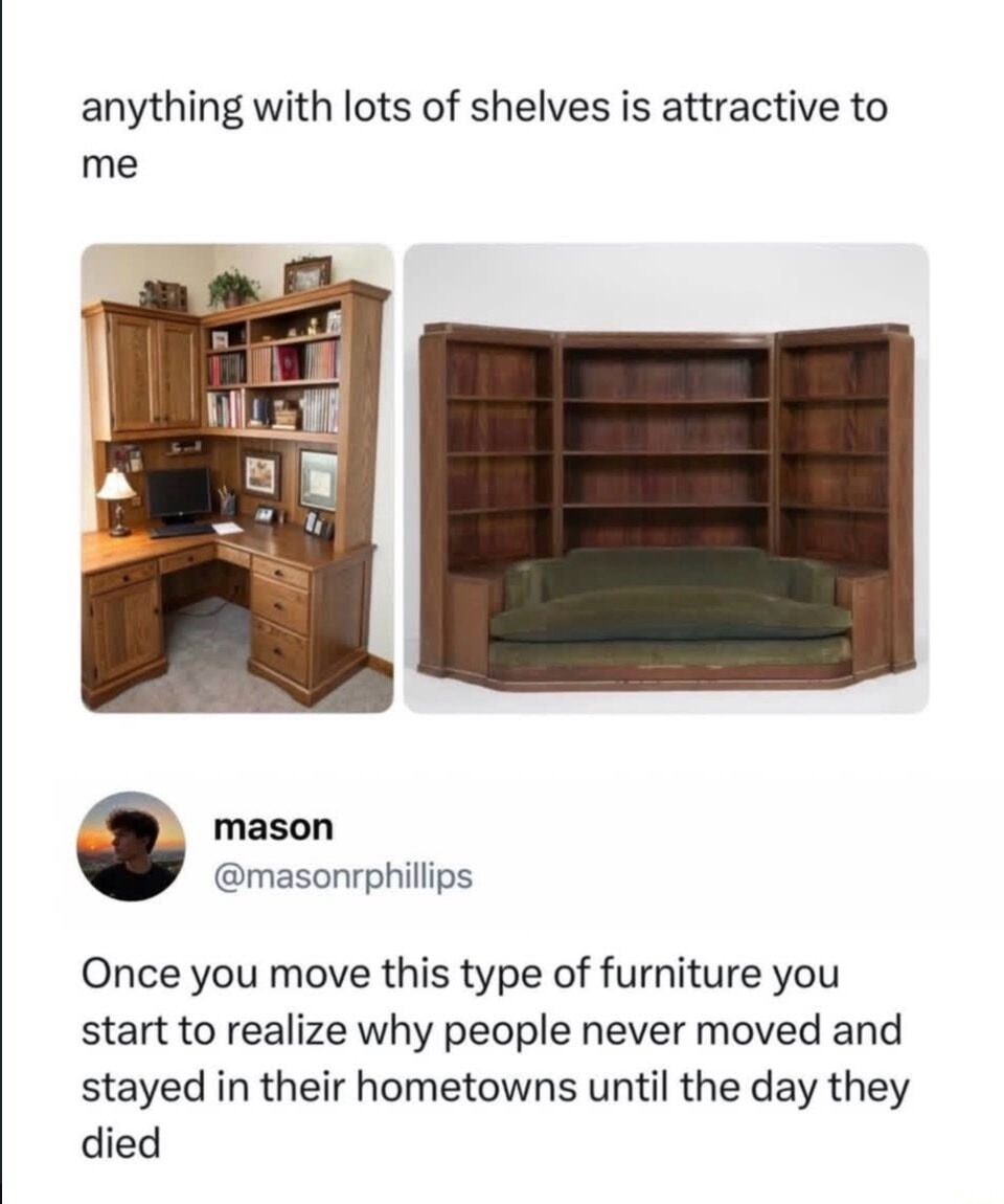 anything with lots of shelves is attractive to me. mason @masonrphillips Once you move this type of furniture you start to realize why people never moved and stayed in their hometowns until the day they died