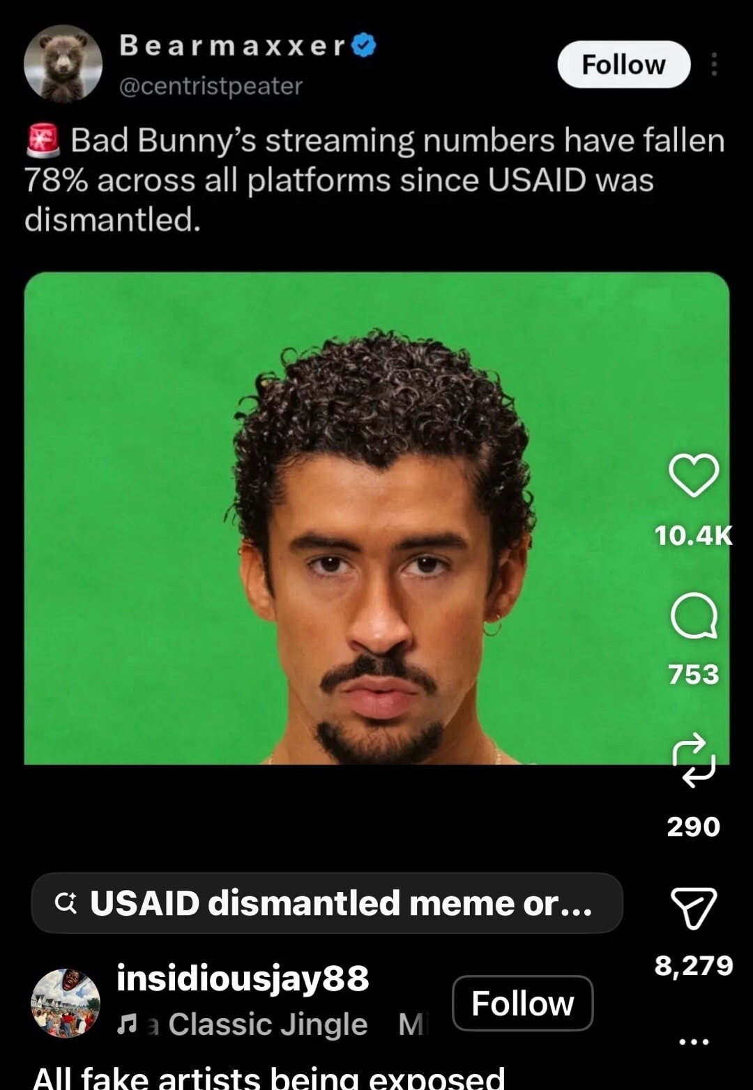 Bad Bunny's streaming numbers have fallen 78% across all platforms since USAID was dismantled. All fake artists being exposed.