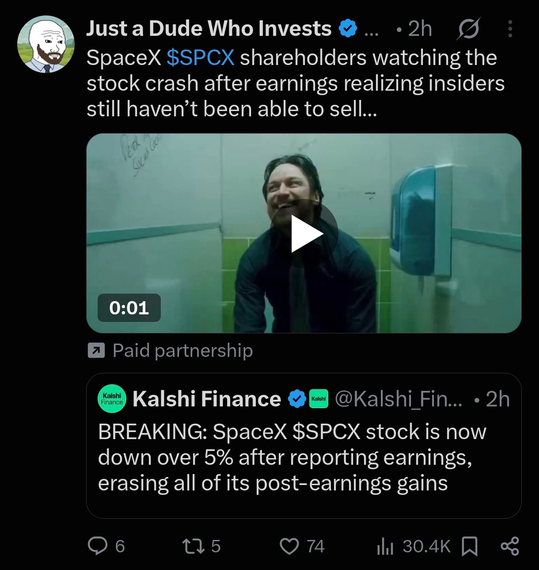 SpaceX $SPCX shareholders watching the stock crash after earnings realizing insiders still haven't been able to sell... BREAKING: SpaceX $SPCX stock is now down over 5% after reporting earnings, erasing all of its post-earnings gains. Peer Pressure.