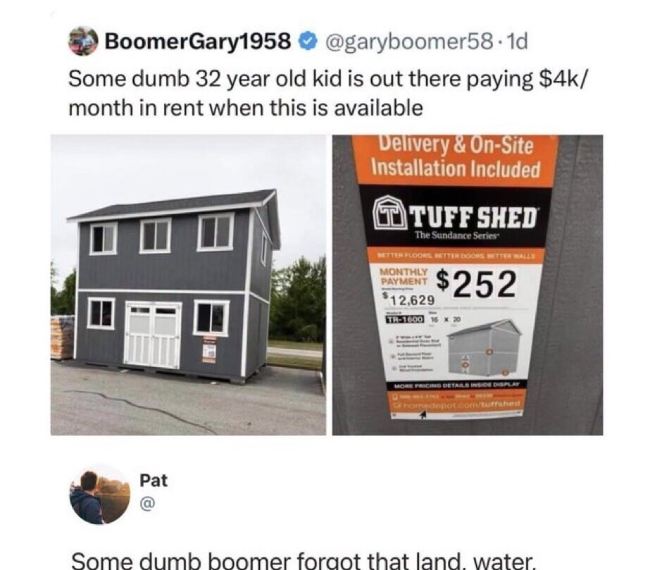 Some dumb 32 year old kid is out there paying $4k/ month in rent when this is available. Delivery & On-Site Installation Included. TUFF SHED The Sundance Series. Better Floors, Better Doors, Better Walls. Monthly Payment $252. $12,629. TR-1600 16 x 20. More pricing details inside display. homedepot.com/tuffshed. Some dumb boomer forgot that land, w