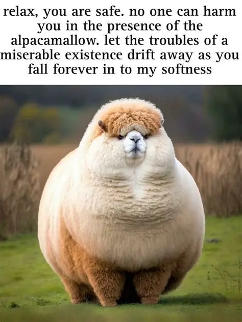 relax, you are safe. no one can harm you in the presence of the alpacamallow. let the troubles of a miserable existence drift away as you fall forever in to my softness