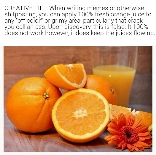 CREATIVE TIP - When writing memes or otherwise shitposting, you can apply 100% fresh orange juice to any 
