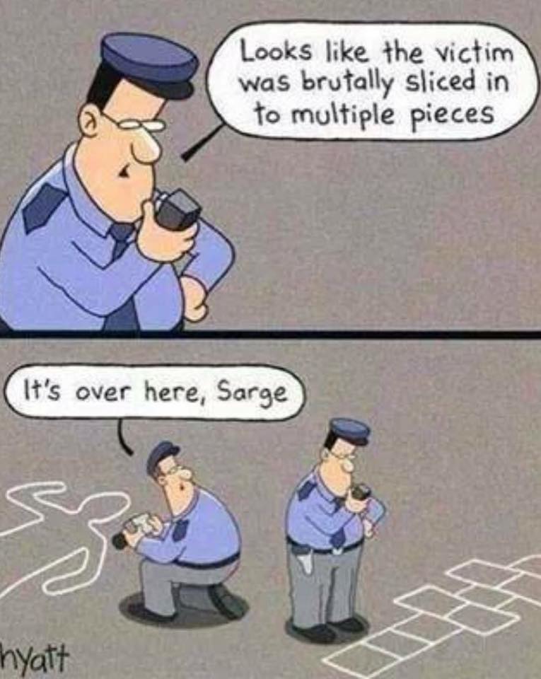 Looks like the victim was brutally sliced into multiple pieces. It's over here, Sarge.