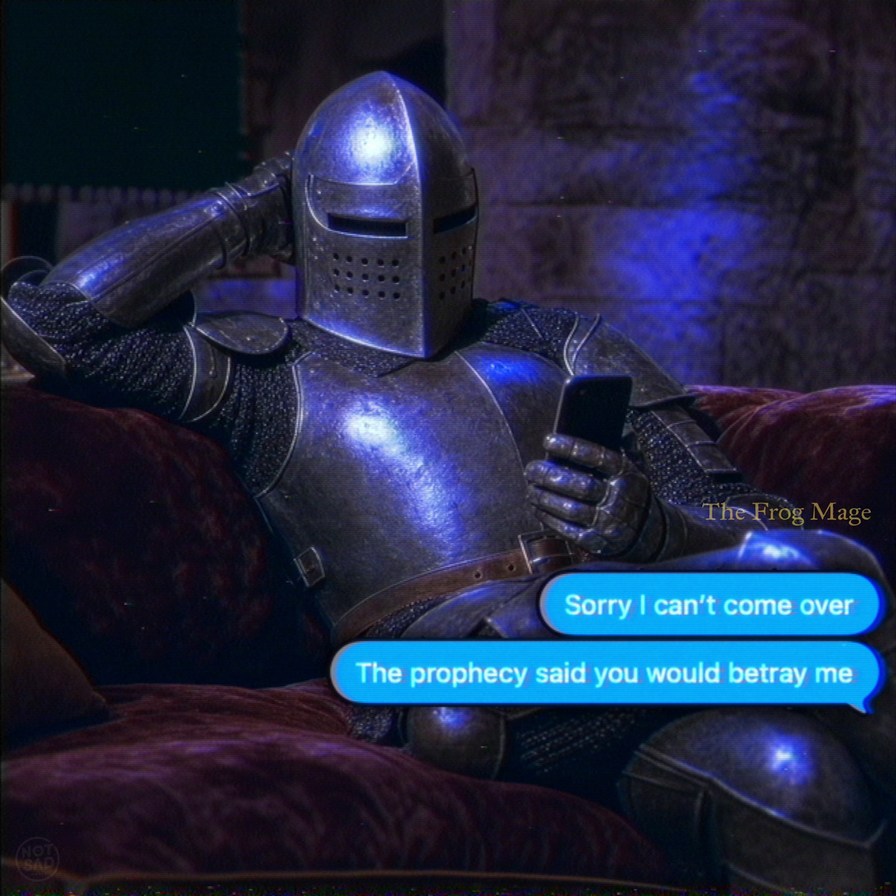 Sorry I can't come over. The prophecy said you would betray me. The Frog Mage. NOT SAD.