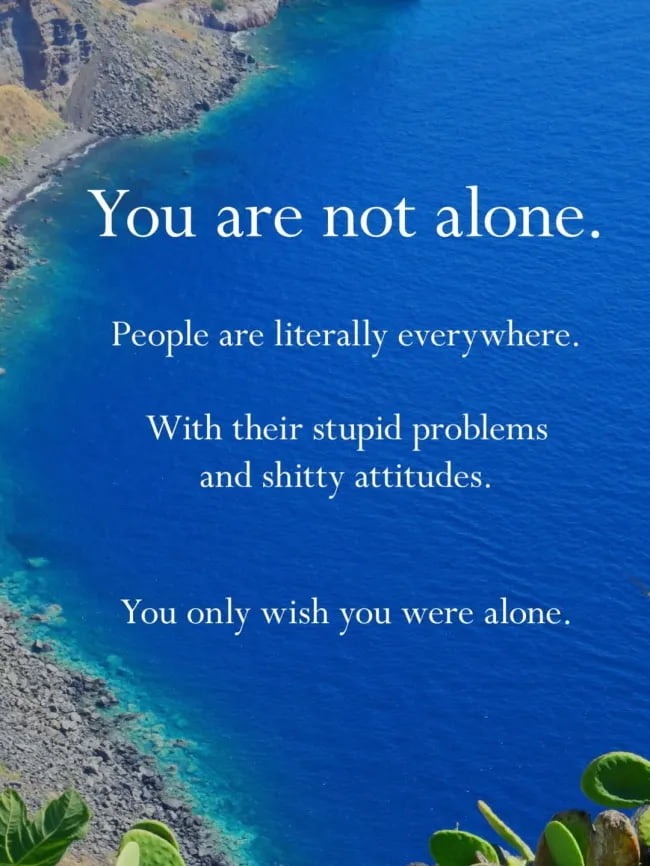 You are not alone. People are literally everywhere. With their stupid problems and shitty attitudes. You only wish you were alone.