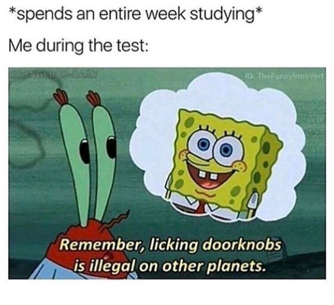 *spends an entire week studying* Me during the test: Remember, licking doorknobs is illegal on other planets.