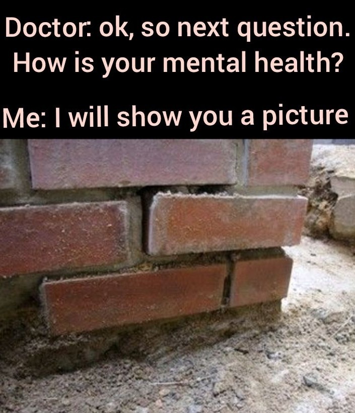 Doctor: ok, so next question. How is your mental health? Me: I will show you a picture