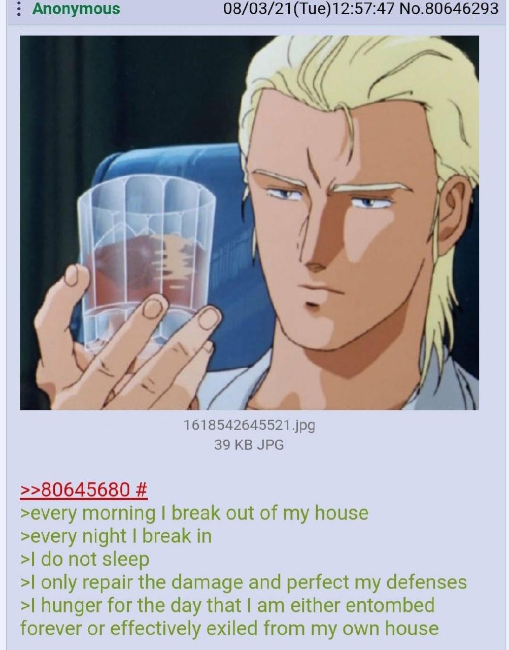 every morning I break out of my house every night I break in I do not sleep I only repair the damage and perfect my defenses I hunger for the day that I am either entombed forever or effectively exiled from my own house