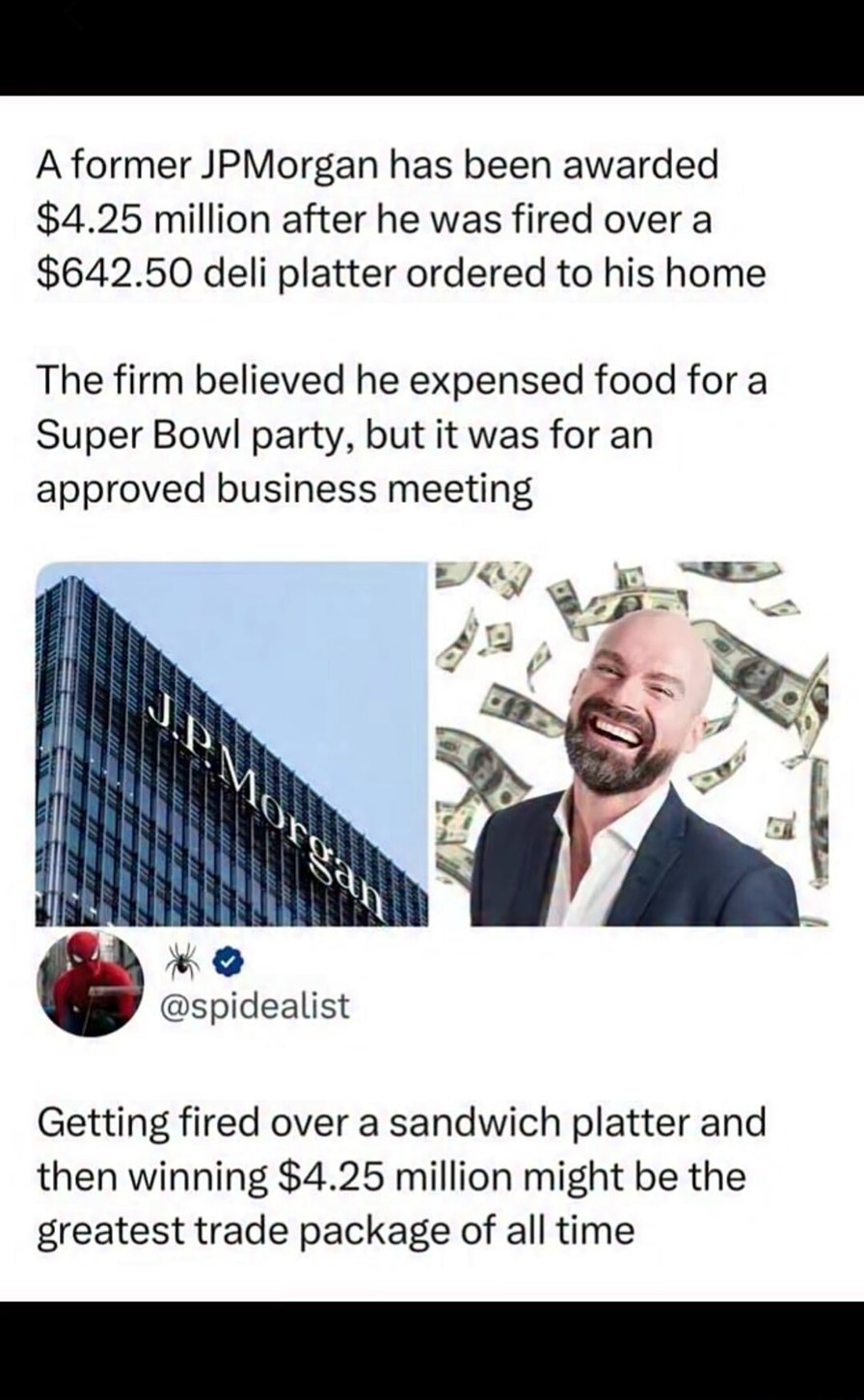 A former JPMorgan employee was awarded $4.25 million after being fired for a $642.50 deli platter ordered to his home. The firm believed it was for a Super Bowl party, but it was for an approved business meeting. Getting fired over a sandwich platter and then winning $4.25 million might be the greatest trade package of all time.