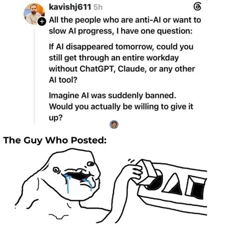 kavishj611 5h All the people who are anti-AI or want to slow AI progress, I have one question: If AI disappeared tomorrow, could you still get through an entire workday without ChatGPT, Claude, or any other AI tool? Imagine AI was suddenly banned. Would you actually be willing to give it up? The Guy Who Posted: (Image of a crying person struggling 