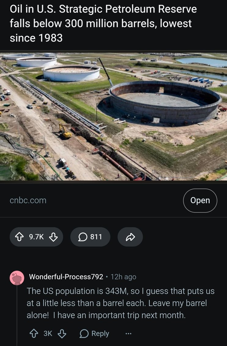 Oil in U.S. Strategic Petroleum Reserve falls below 300 million barrels, lowest since 1983. The US population is 343M, so I guess that puts us at a little less than a barrel each. Leave my barrel alone! I have an important trip next month.