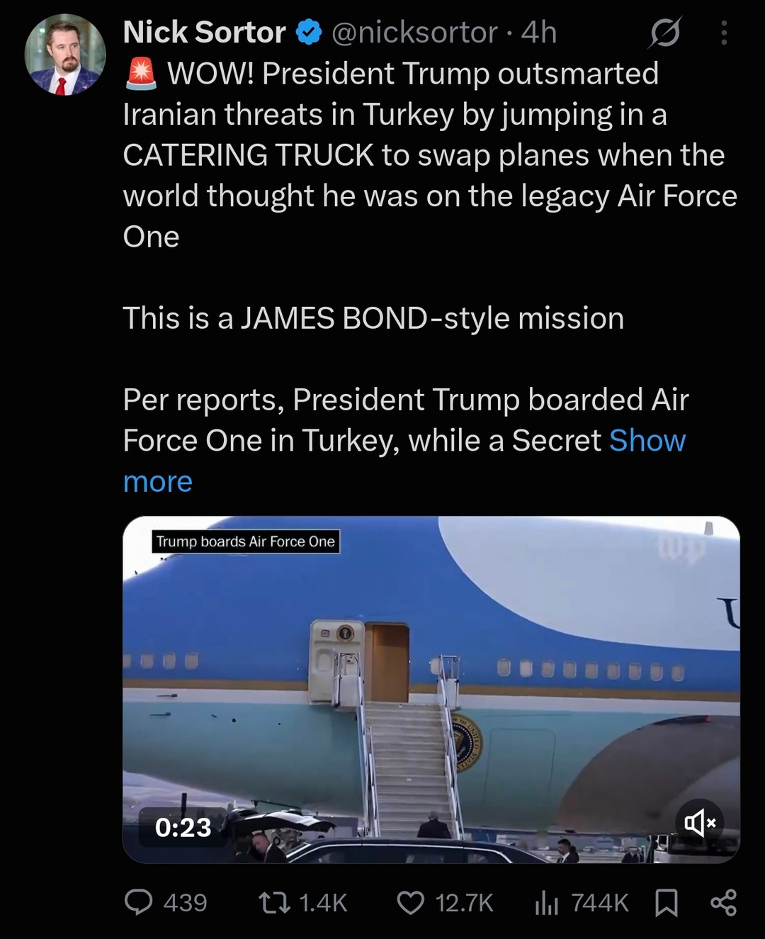 WOW! President Trump outsmarted Iranian threats in Turkey by jumping in a CATERING TRUCK to swap planes when the world thought he was on the legacy Air Force One. This is a JAMES BOND-style mission. Per reports, President Trump boarded Air Force One in Turkey, while a Secret. Trump boards Air Force One.