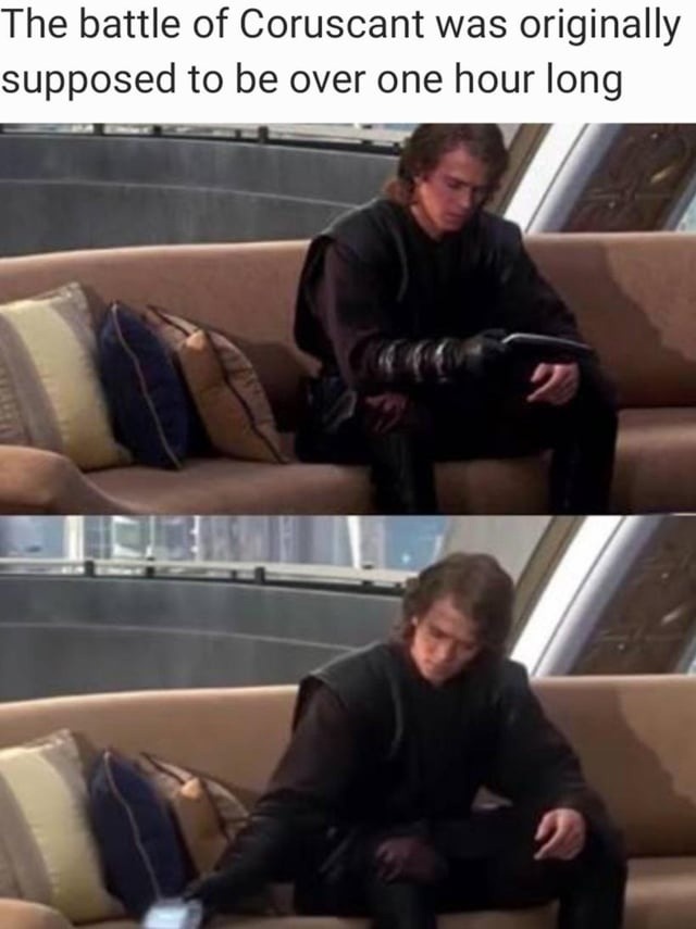 The battle of Coruscant was originally supposed to be over one hour long. Anakin Skywalker is shown sitting on a couch, looking down at a device, then looking up slightly in the second panel.