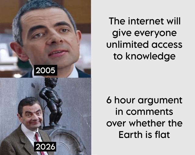 In 2005, it was believed that the internet would give everyone unlimited access to knowledge. By 2026, the reality is a 6-hour argument in comments over whether the Earth is flat, depicted with Mr. Bean's changing expressions from optimistic to sarcastic, standing next to the Manneken Pis statue.