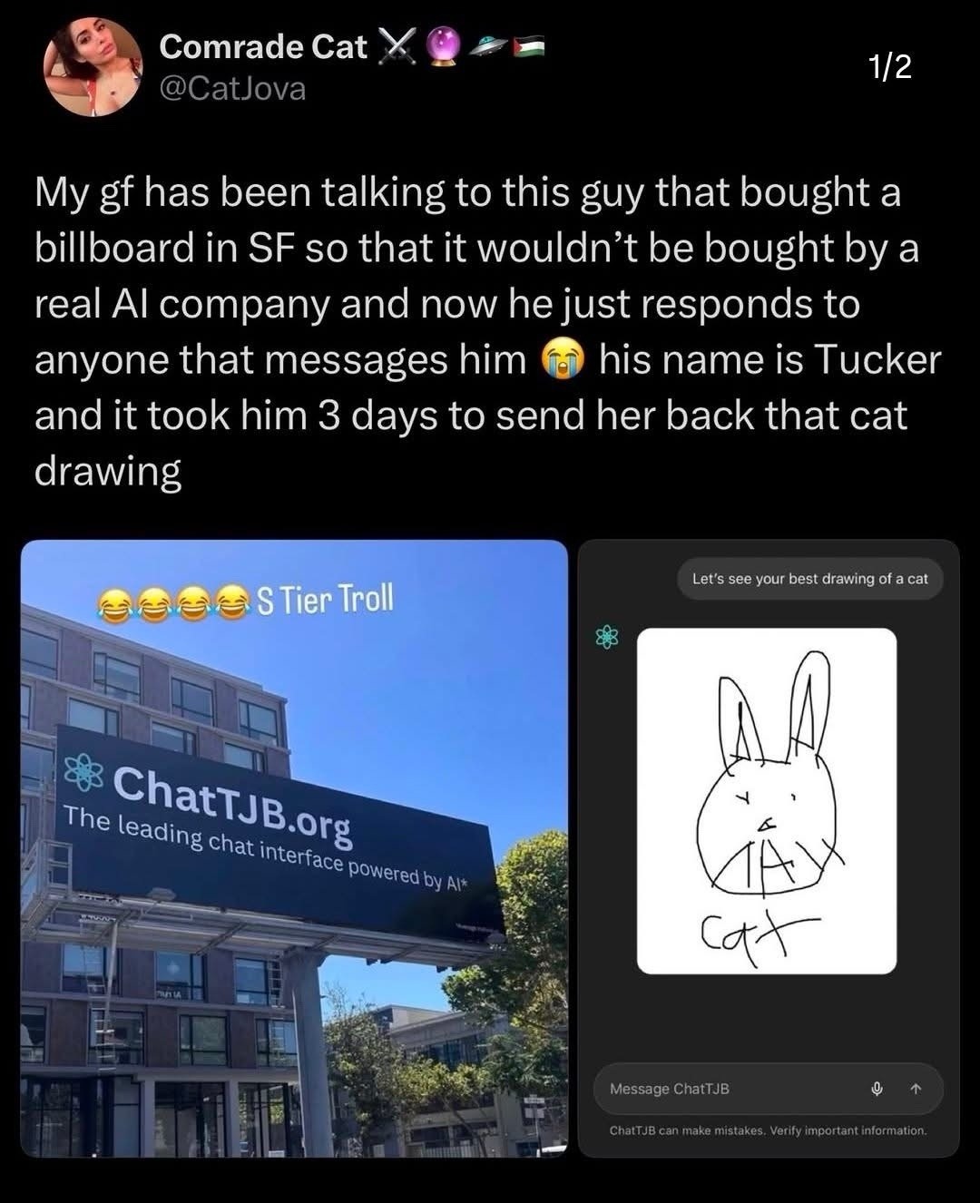 My gf has been talking to this guy that bought a billboard in SF so that it wouldn't be bought by a real AI company and now he just responds to anyone that messages him 😭 his name is Tucker and it took him 3 days to send her back that cat drawing. Billboard text: ChatTJB.org The leading chat interface powered by AI*. Chat messages: Let's see your b