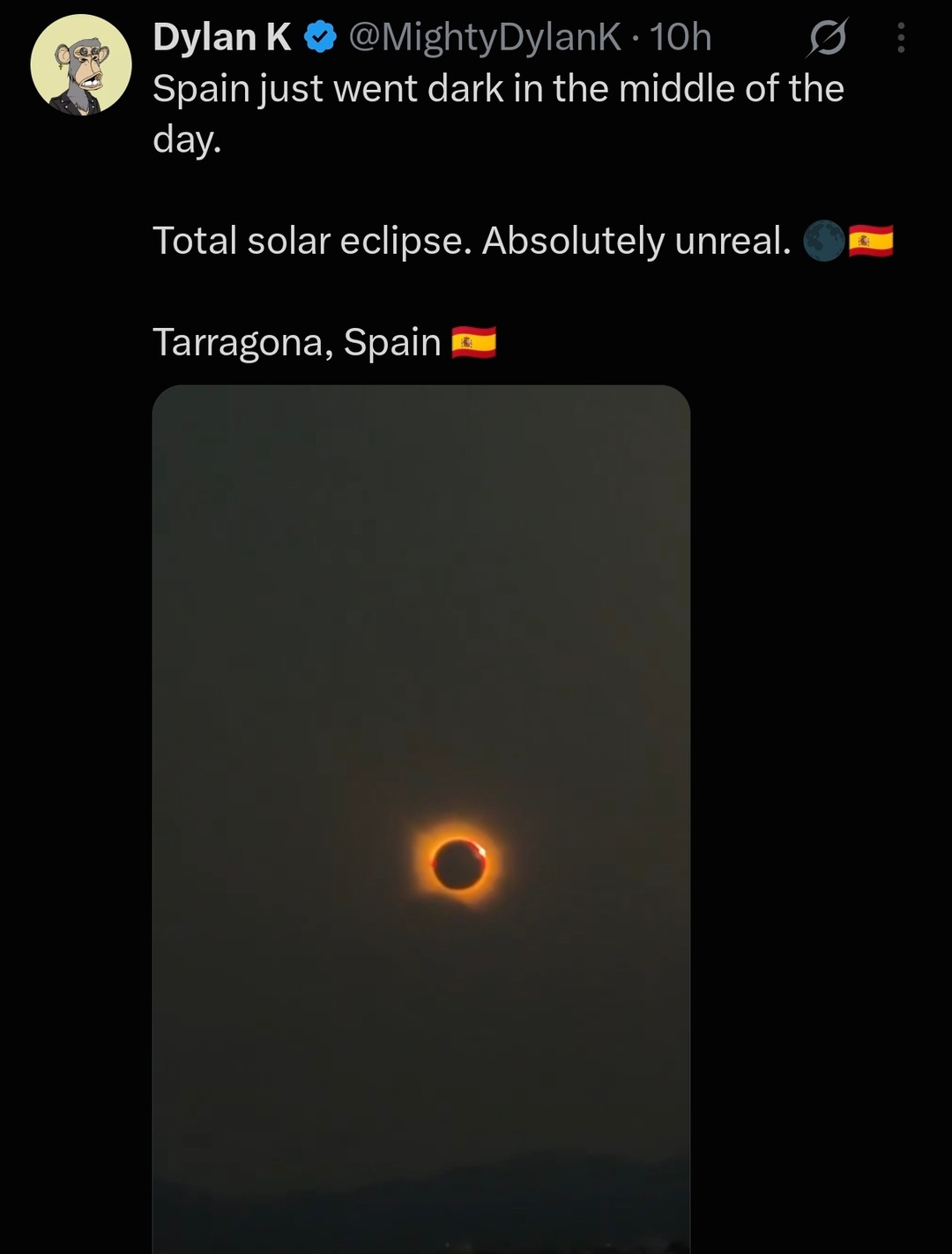 Spain just went dark in the middle of the day. Total solar eclipse. Absolutely unreal. Tarragona, Spain.