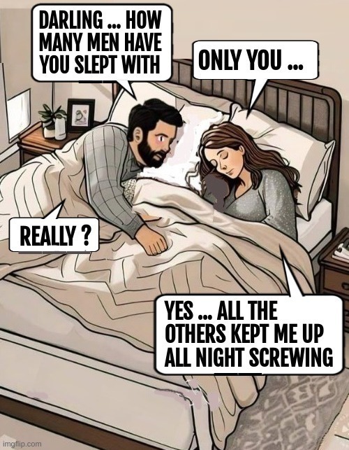 DARLING ... HOW MANY MEN HAVE YOU SLEPT WITH? ONLY YOU ... REALLY? YES ... ALL THE OTHERS KEPT ME UP ALL NIGHT SCREWING.