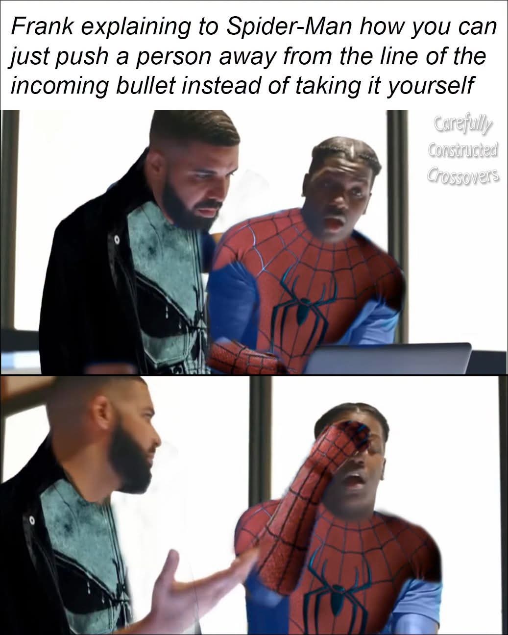 Frank explaining to Spider-Man how you can just push a person away from the line of the incoming bullet instead of taking it yourself. Carefully Constructed Crossovers.
