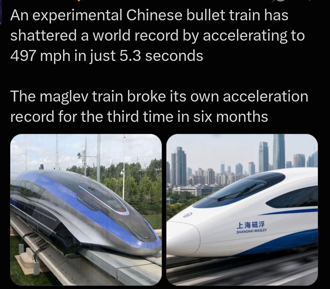 An experimental Chinese bullet train has shattered a world record by accelerating to 497 mph in just 5.3 seconds. The maglev train broke its own acceleration record for the third time in six months. Shanghai Maglev.