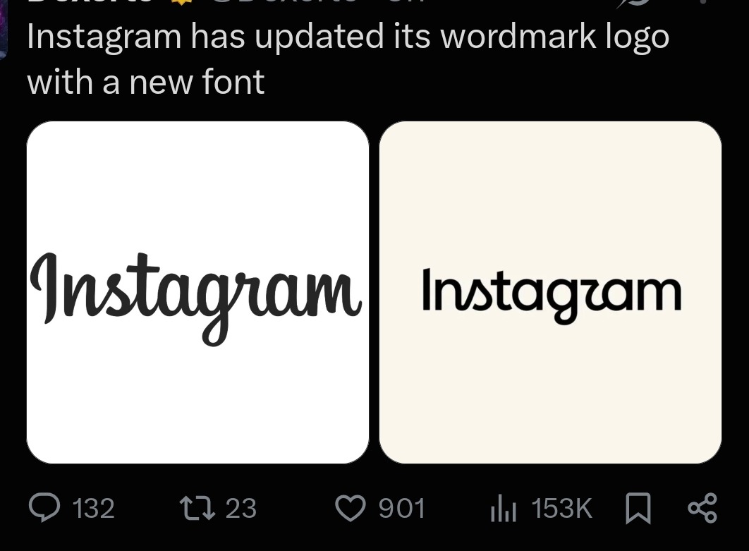Instagram has updated its wordmark logo with a new font. The image displays the old Instagram logo (script font) next to the new Instagram logo (sans-serif font) for comparison.