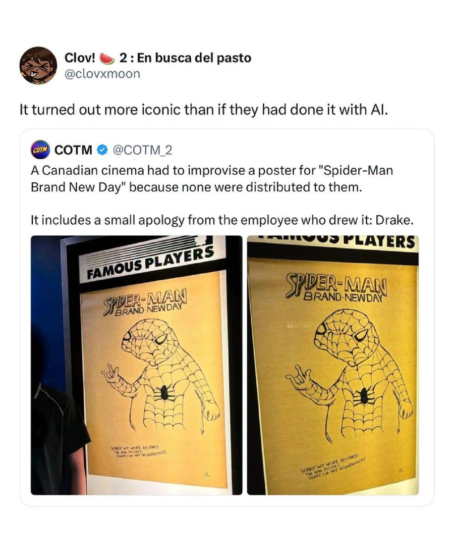 Clov! 🍉 2 : En busca del pasto @clovxmoon It turned out more iconic than if they had done it with AI. COTM @COTM_2 A Canadian cinema had to improvise a poster for 