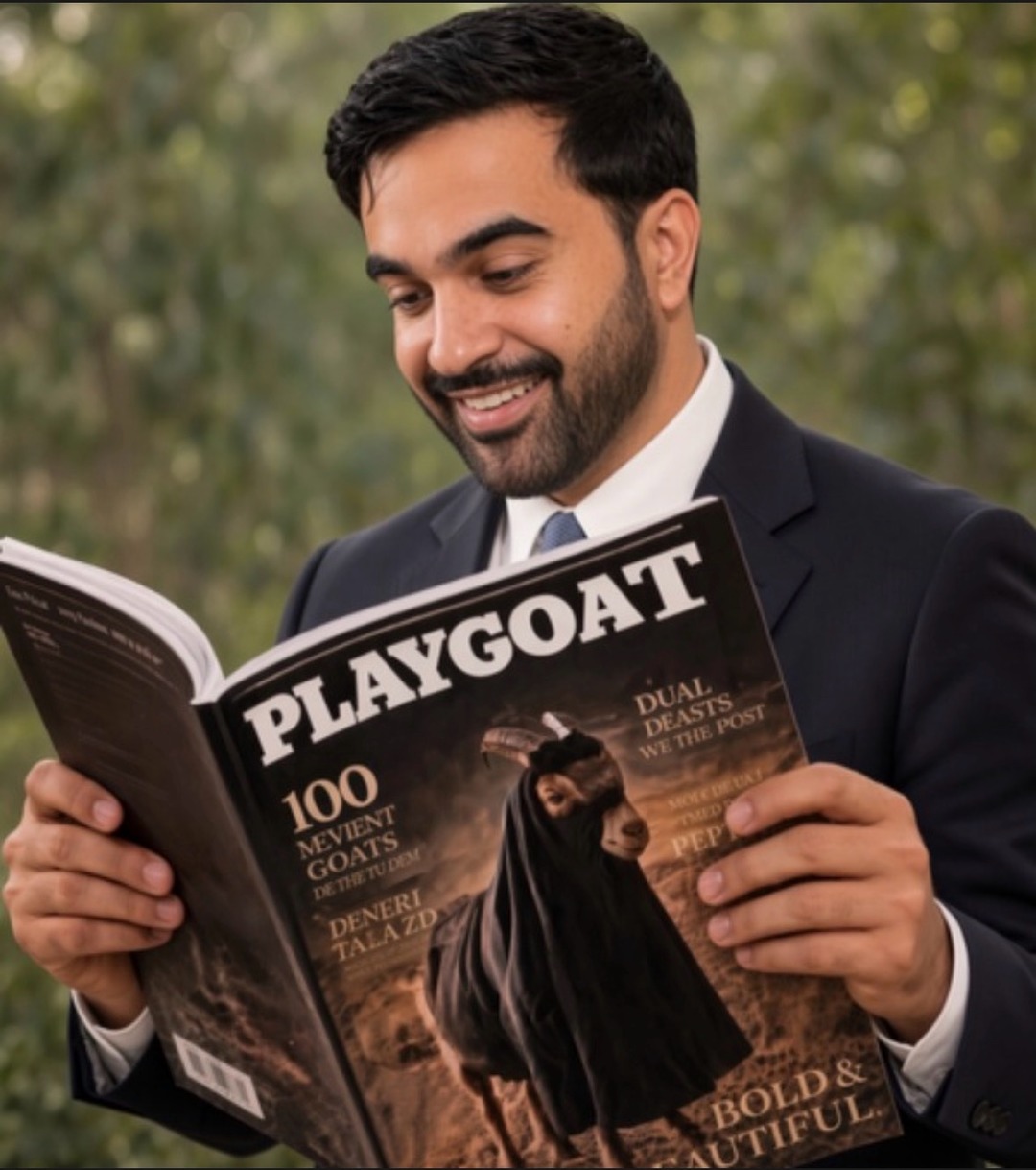 A man in a suit is smiling and reading a magazine titled 'PLAYGOAT'. The magazine features a goat wearing a black covering, with headlines like '100 Mevient Goats', 'Deneri Talazd', 'Dual Deasts We The Post', and 'Bold & Beautiful'.
