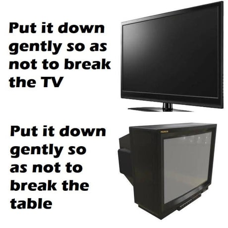 Put it down gently so as not to break the TV. Put it down gently so as not to break the table.