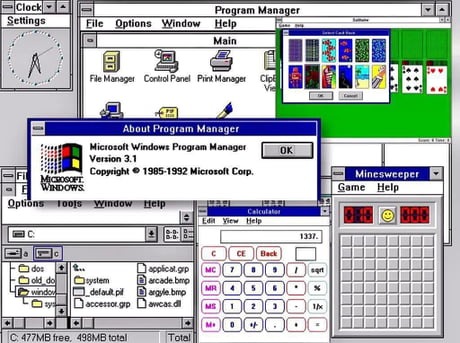 Clock, Settings, Program Manager, File, Options, Window, Help, Main, File Manager, Control Panel, Print Manager, ClipB, About Program Manager, Microsoft Windows Program Manager, Version 3.1, Copyright © 1985-1992 Microsoft Corp., OK, Solitaire, Game, Help, Select Card Back, Minesweeper, Calculator, Edit, View, Help, 1337, C:, dos, old_do, window, s