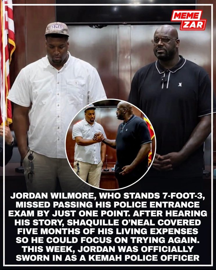 Jordan Wilmore, who stands 7-foot-3, missed passing his police entrance exam by just one point. After hearing his story, Shaquille O'Neal covered five months of his living expenses so he could focus on trying again. This week, Jordan was officially sworn in as a Kemah Police Officer. Meme Zar.