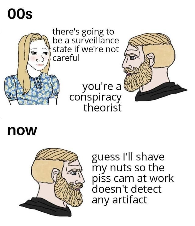 00s: there's going to be a surveillance state if we're not careful. you're a conspiracy theorist. now: guess I'll shave my nuts so the piss cam at work doesn't detect any artifact.