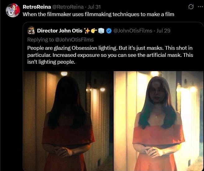 When the filmmaker uses filmmaking techniques to make a film. People are glazing Obsession lighting. But it's just masks. This shot in particular. Increased exposure so you can see the artificial mask. This isn't lighting people.