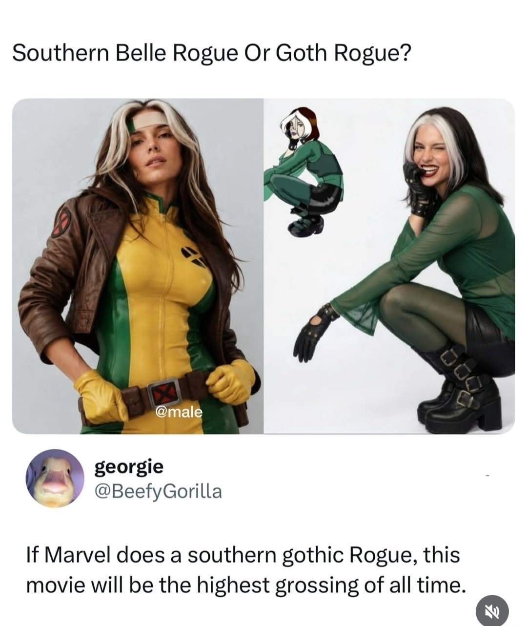 Southern Belle Rogue Or Goth Rogue? georgie @BeefyGorilla If Marvel does a southern gothic Rogue, this movie will be the highest grossing of all time.